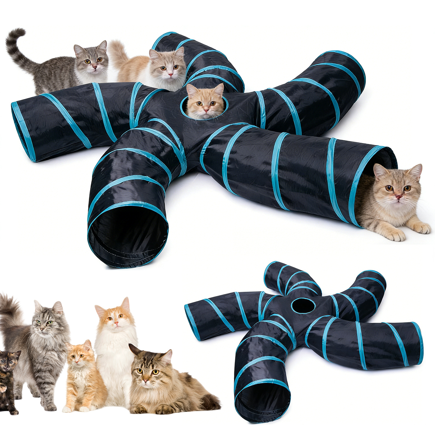 Play Tunnel With 5 Access Points For Cats, Rabbits, Puppies, , And Guinea Pigs, Collapsible Interactive Pet Tube With Multiple Entrances For Hide And Seek Fun
