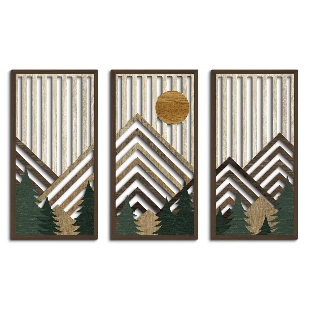 TEMU Putuo Decoration 3pcs Bohemian Style Hollow Wood Painting Decoration, Mountain, Pine Tree, And Elements, Bohemian Style Wall Art Decoration,