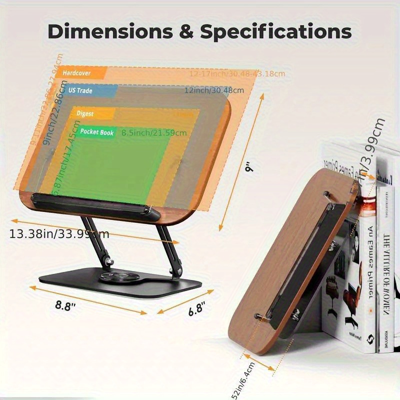Adjustable Wooden Bookshelf With 360 ° Rotating Base - Foldable, Portable, Lightweight Reading Stand, Suitable For Offices, Kitchens, Schools, Etc Kindle, Tablet Computer - Adjustable Height And Angle, Desk Storage Box [ Foldable Design] Metal Suppo