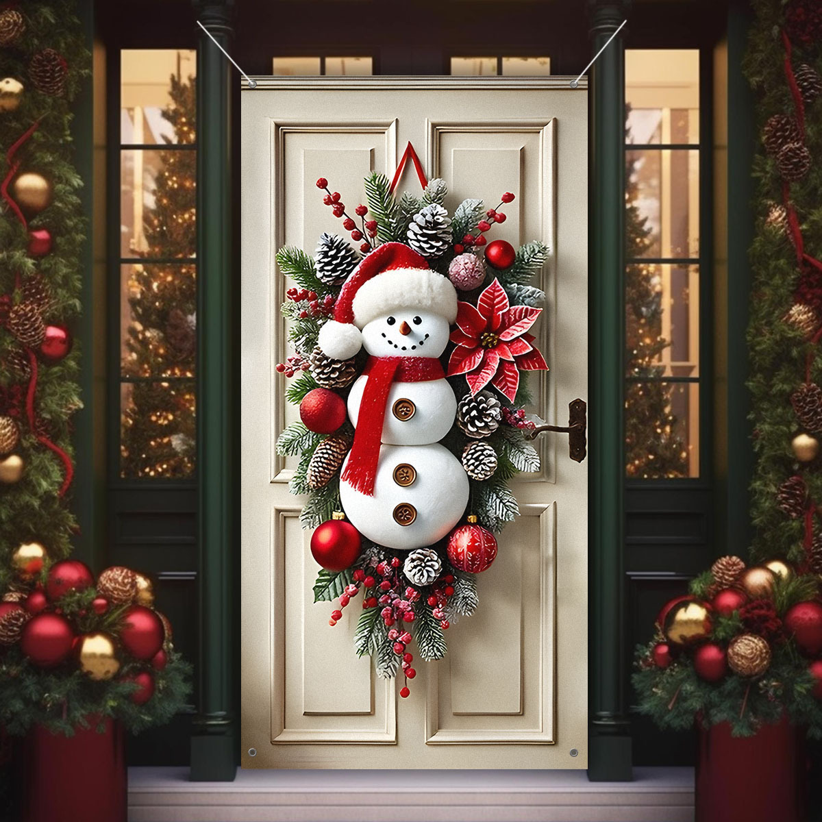 

Holiday Christmas Door Set, 2d Snowman Design, Mixed Color Oxford Cloth, Doorway Decoration, Home Party Background, 24x24 Inches