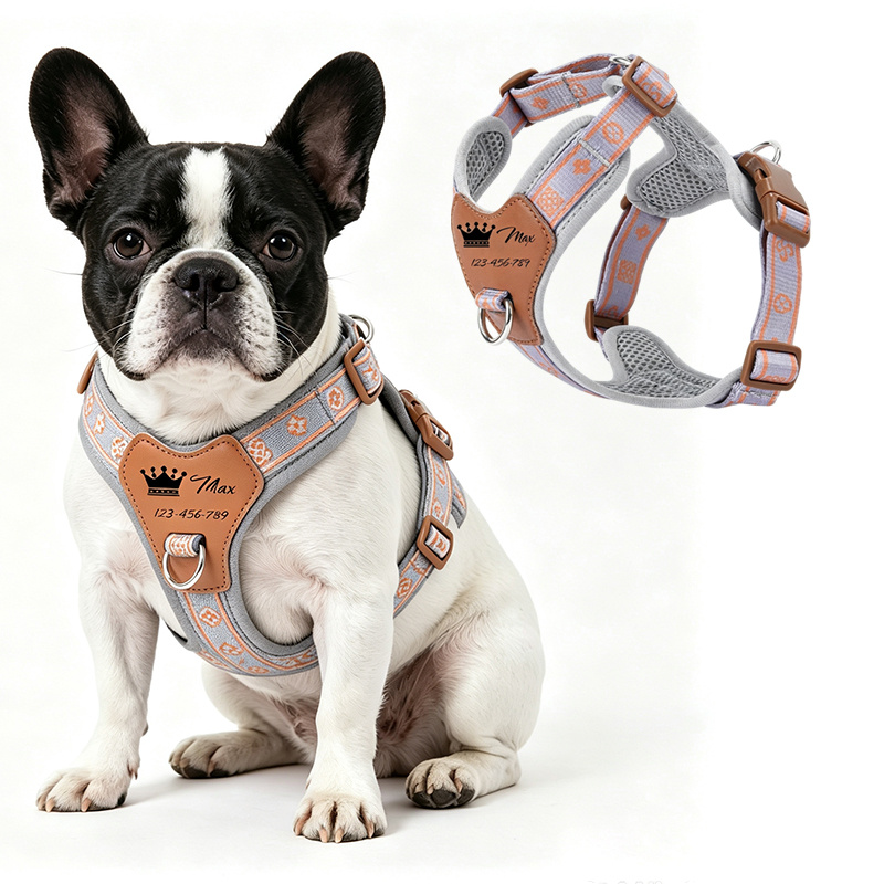 TEMU Crown Pet High-end Harness, Customizable With Crown Engraving For Name And Phone Number, Vintage Pattern Webbing With Breathable Honeycomb Mesh