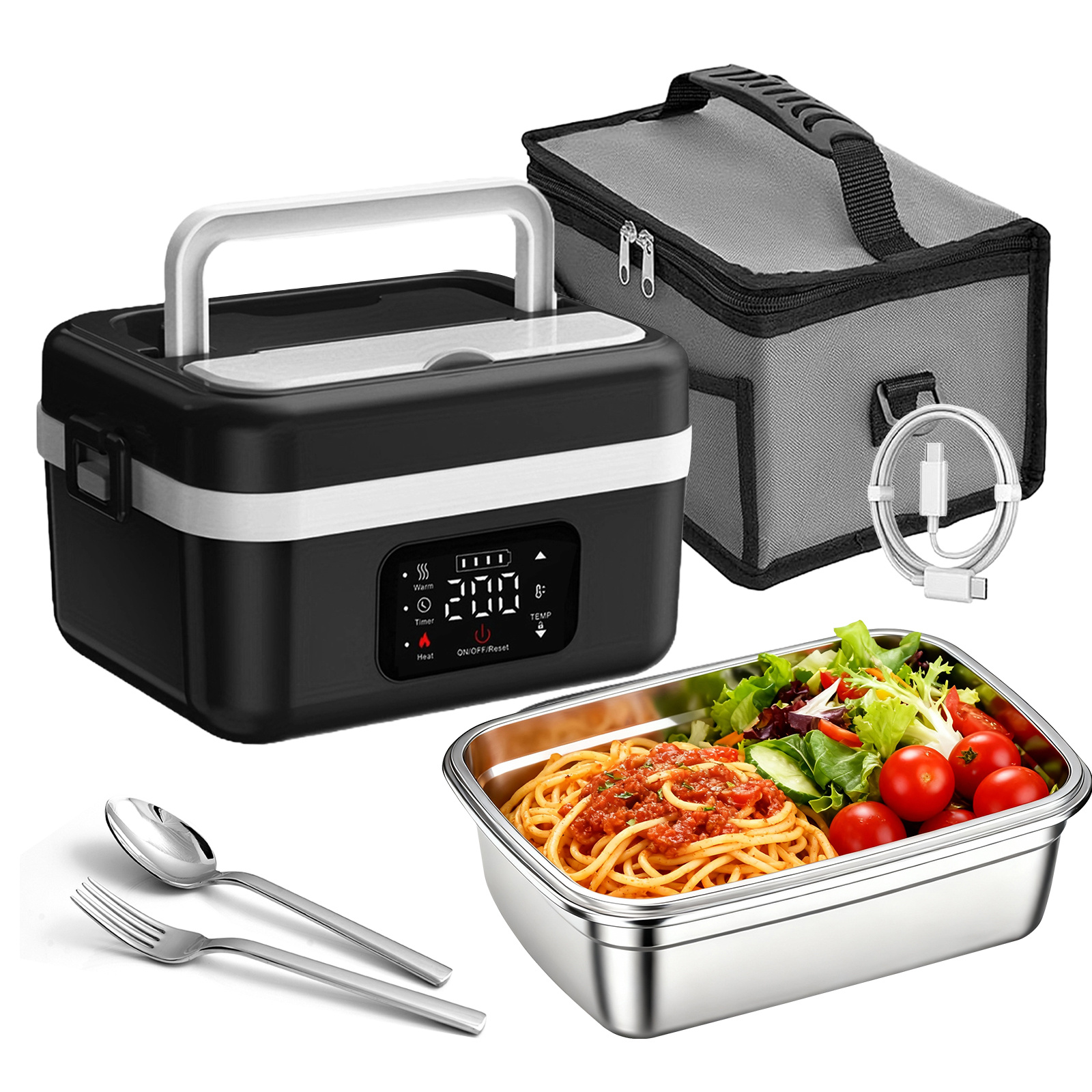 TEMU Boîte à repas auto-chauffante rechargeable 15000mAh, réchaud à repas portable avec minuterie, boîtes à repas à chauffage rapide pour adultes,