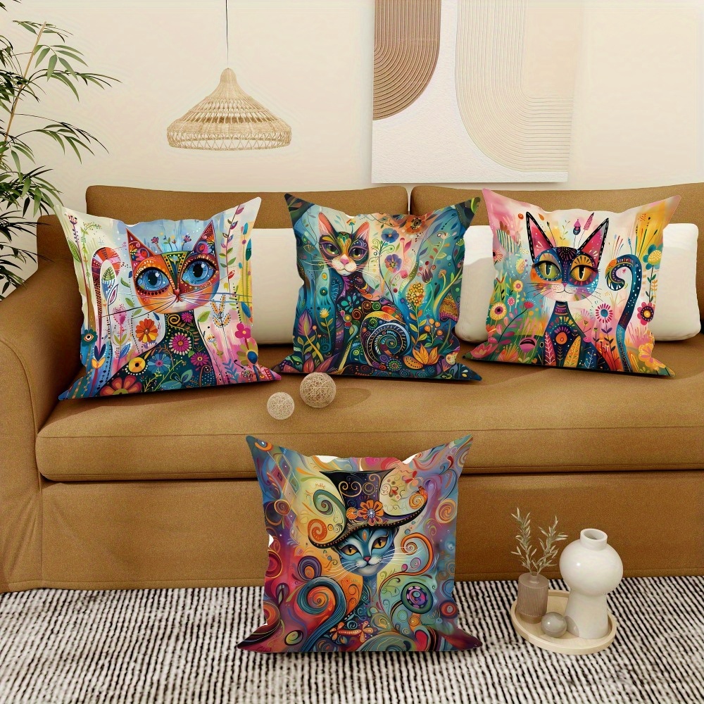 4pcs cat flower abstract art   printed zipper pillowcase double sided polyester printed pattern zipper closed home decoration living room bedroom and sofa home decoration not included in the pillow Product details 3