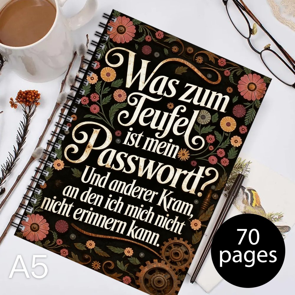 Image of 1pc German Password Organizer Notebook, Practical Gift For Adults Seniors Parents Home Office & Online, Humorous Password And Memory Reminder Notebook With Vintage Floral And Gear Design