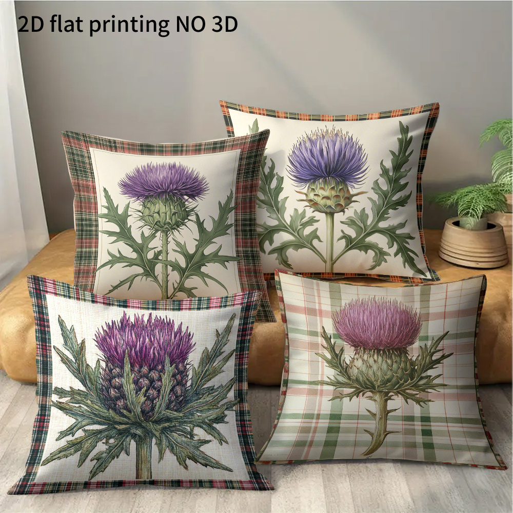 TEMU 4pcs Rustic Style Home And Kitchen Supplies, Bedding, Home Decor With Purple Thistle Pattern Printed Cushion Covers, Suitable For Spring,
