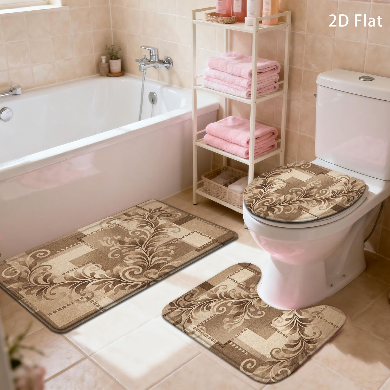 TEMU 2d Flat 3/4pcs Bathroom Anti-slip Mat Set, Scroll Pattern Elegant Floor Mat, Home Decor Shower Room Entrance Absorbent Mat, Household Soft