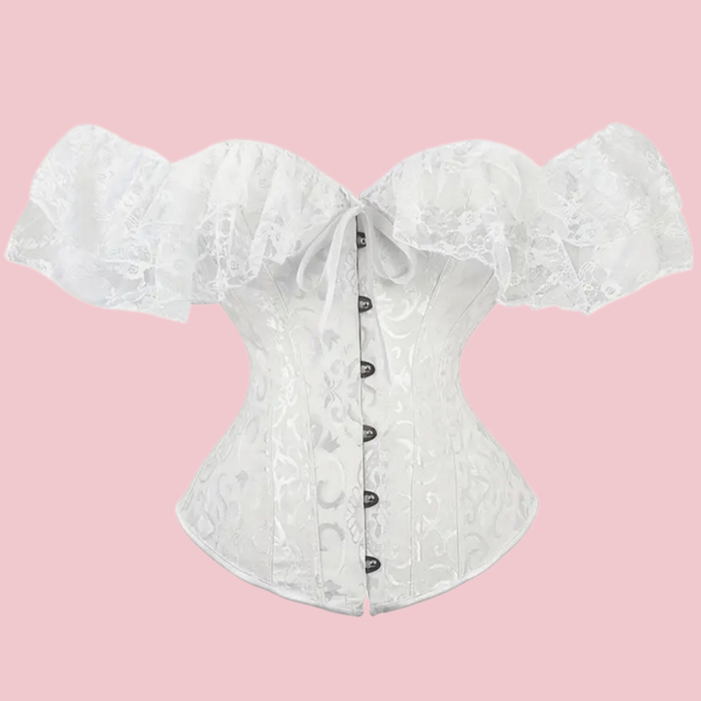 TEMU 1pc Women's Lace Fishbone Body-hugging Top, Lace Off-the-shoulder Bodysuit With Puff Sleeves And Cinched Waist, Suitable For Prom And Party