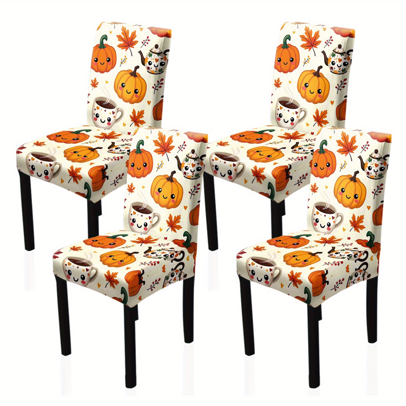 4/6pcs Chair Covers, Autumn Pumpkin Leaf & Tea Set Design, Elastic Polyester Stretch Fabric, Easy To Remove And Reusable, Suitable For Kitchen Hotel Decor