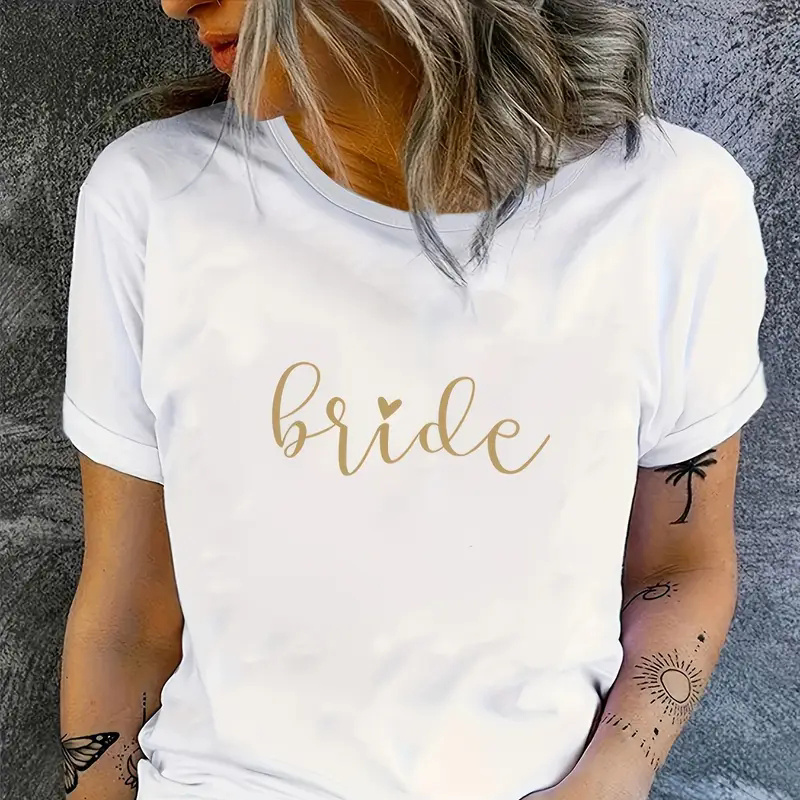 

T-Shirt Chic "Bride" Imprimé Lettres pour Femme - Col Rond Décontracté, Haut à Manches Courtes, Mélange de Polyester Respirant, Lavable en Machine - pour l'Été &