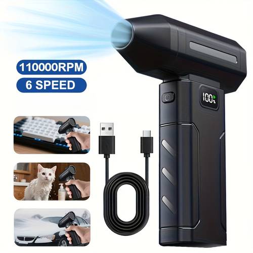 cordless electric air fan with a brushless motor featuring 6 speed settings and an ultra powerful 110 000 rpm with a 3600mah rechargeable battery ideal for cleaning keyboards pcs cars homes outdoor areas and for