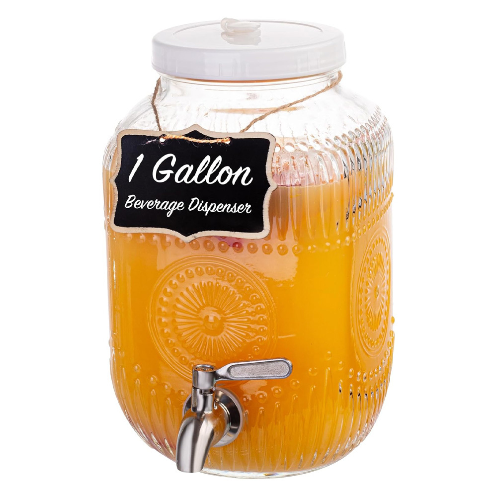 TEMU 1 Gallon Glass Beverage Dispenser, 18/ 8 Stainless Steel Spigot And Lid With Ventilation Holes- Glass Drink Dispensers For Parties - Mason Jar