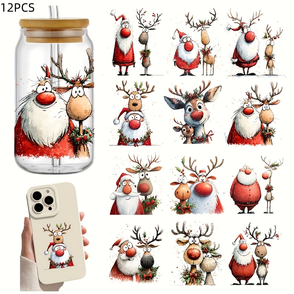TEMU Christmas 12pcs Fun Reindeer Quote Themed Uv Dtf Transfer - Waterproof And Scratch-resistant, Suitable For 16oz Glass Jars And Diy Crafts. Only