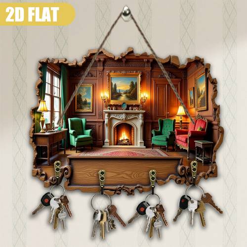 rustic wooden wall mountable vintage fireplace mantel key holder cozy multifunctional hanger suitable for home porch villa decor wood fireplace for key storage decorative display decoration style 2d flat