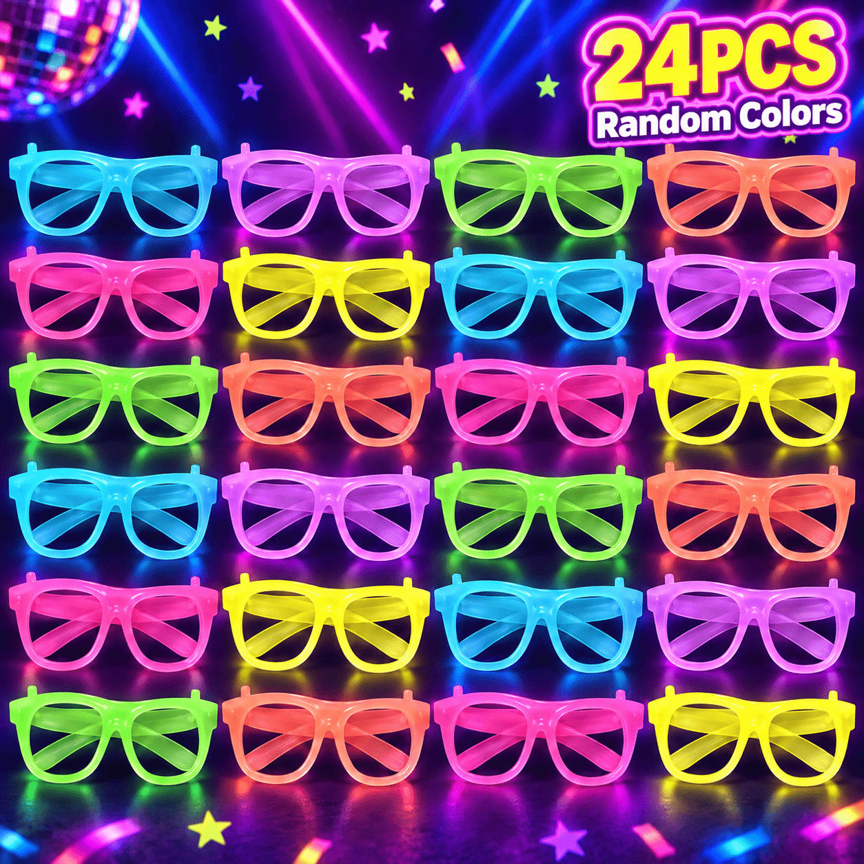 TEMU Ensemble de 24 lunettes amusantes de couleur aléatoire, montures en plastique fluorescentes transparentes verres, légères et durables, adaptées