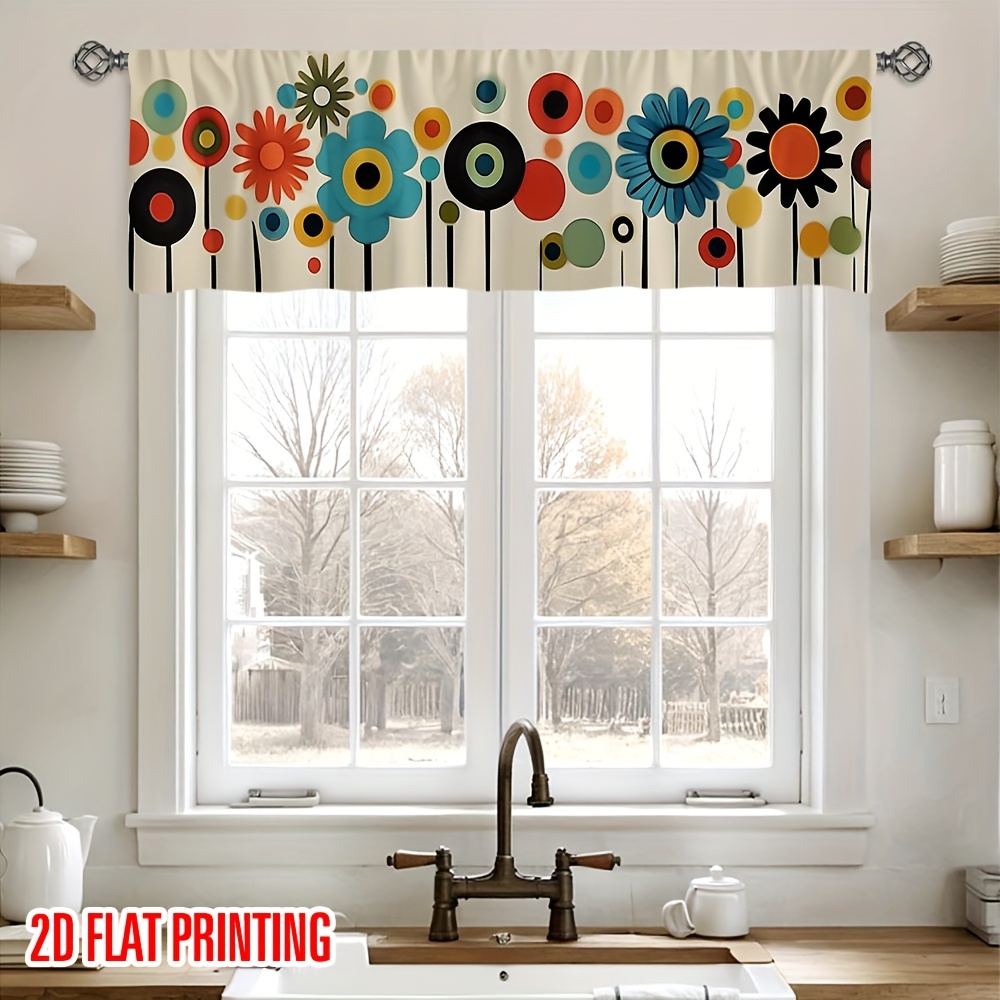 TEMU 2d Flat - 2d Flat - 1pc Of Modern Bohemian Abstract Floral Short Curtains For The Kitchen, Featuring A Color Palette Of Beige, Teal, Black,