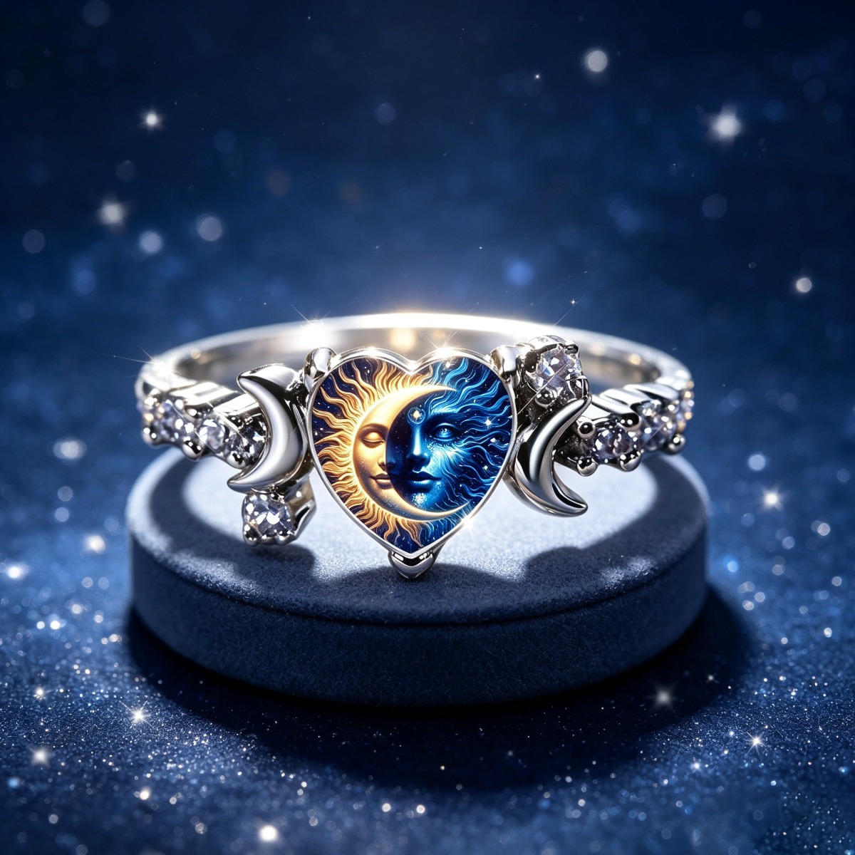 Rhinestone Silvery Plated Adjustable Open Moon Face Ring