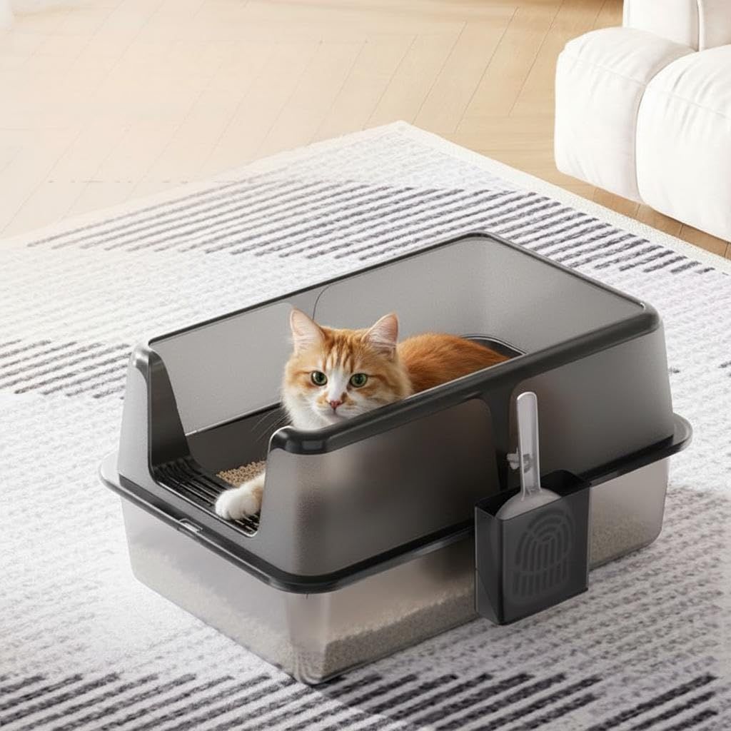 Extra Large Stainless Steel Cat Litter Box | High Fence And Front Opening, Durable And Spacious 15cm Deep Base For Comfortable Use, 60*40*31.5cm, Without Battery