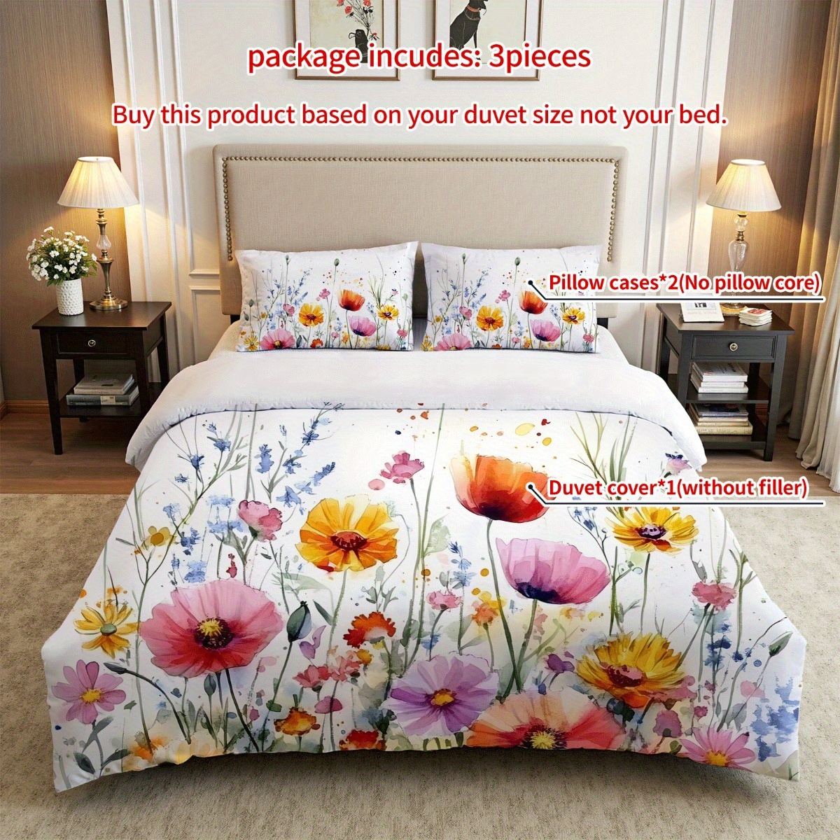 TEMU 3pcs Watercolor Wildflowers Duvet Cover Set, Colorful Floral Print, Nature Theme, Breathable Polyester, , Machine Washable, , No Insert For