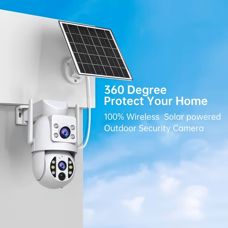 TEMU Jooan 1pc Dual Lens Panoramic Solar Camera 4k Outdoor Wireless Security Camera 360° Full Coverage 2.4g Wifi 9000mah Large Capacity Battery Low