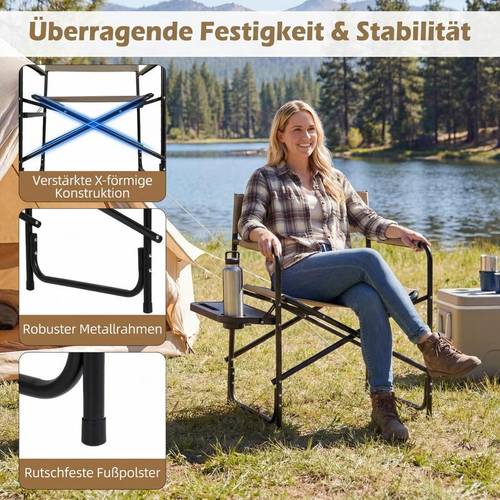 chaise de régie, pliable, jusquà 150kg, chaise de camping avec table dappoint, porte- et fente, marron