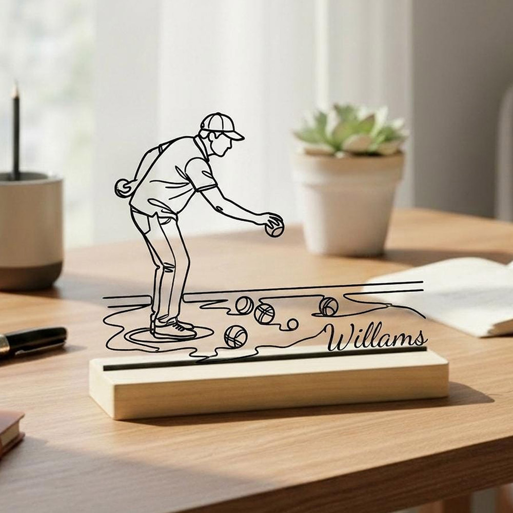 TEMU 1pc Personalized Metal Petanque Player Desk Decor Custom Name Metal Ornament With Wooden Base Rustic Minimalist Home Office Decoration Unique