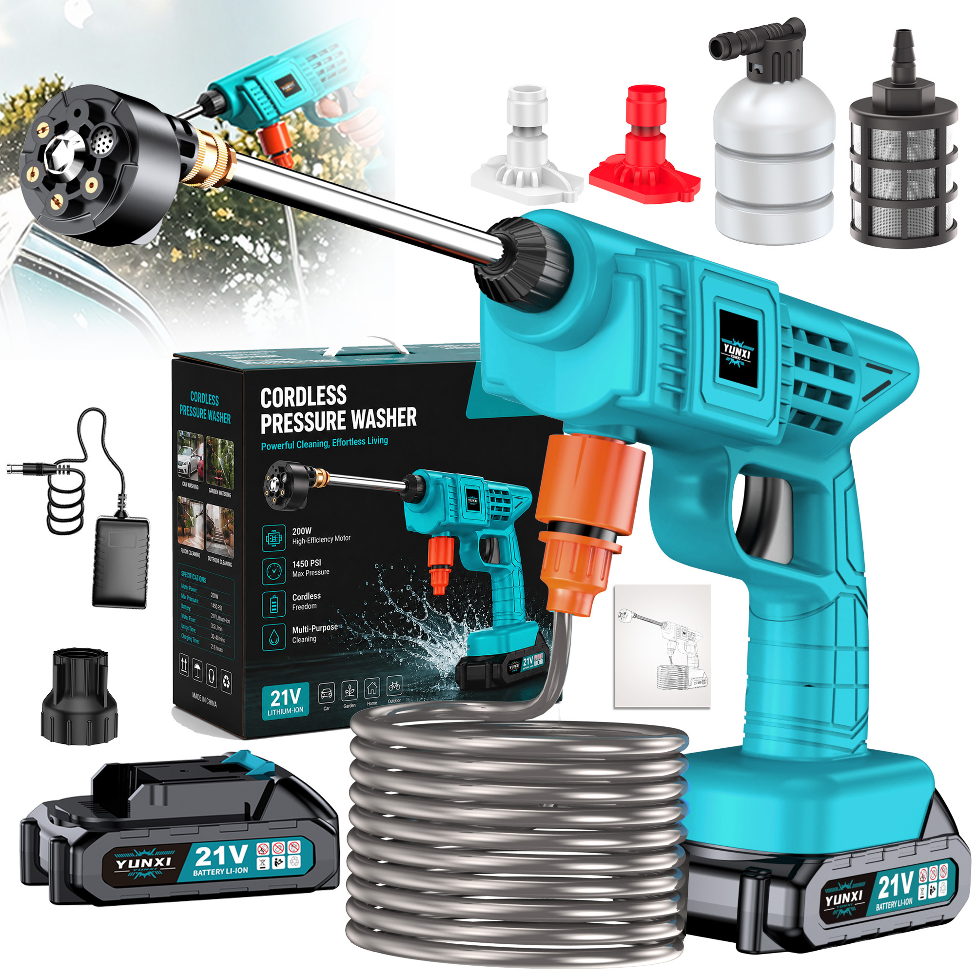Image of Cordless Portable Pressure Cleaner, Battery Powered Connect Hose & Nozzle, Optional Battery & , Electric Cleaning Tool For Car Yard Garden Washing