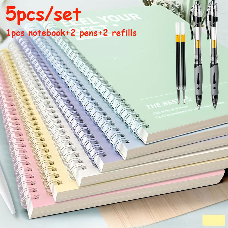 TEMU 1 A5 Spiral-bound Hardcover Notebook(random Color), 2 0.5mm Black Ballpoint Pens, And 2 Refill Cartridges. Featuring Smooth-writing Pens With A