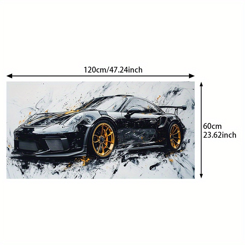 TEMU [2d Flat]1pcs 23.62*47.24in/60cm*120cm Frameless Modern Abstract Print Wall Art Black Golden Racing Canvas Painting For Living Room Large Size