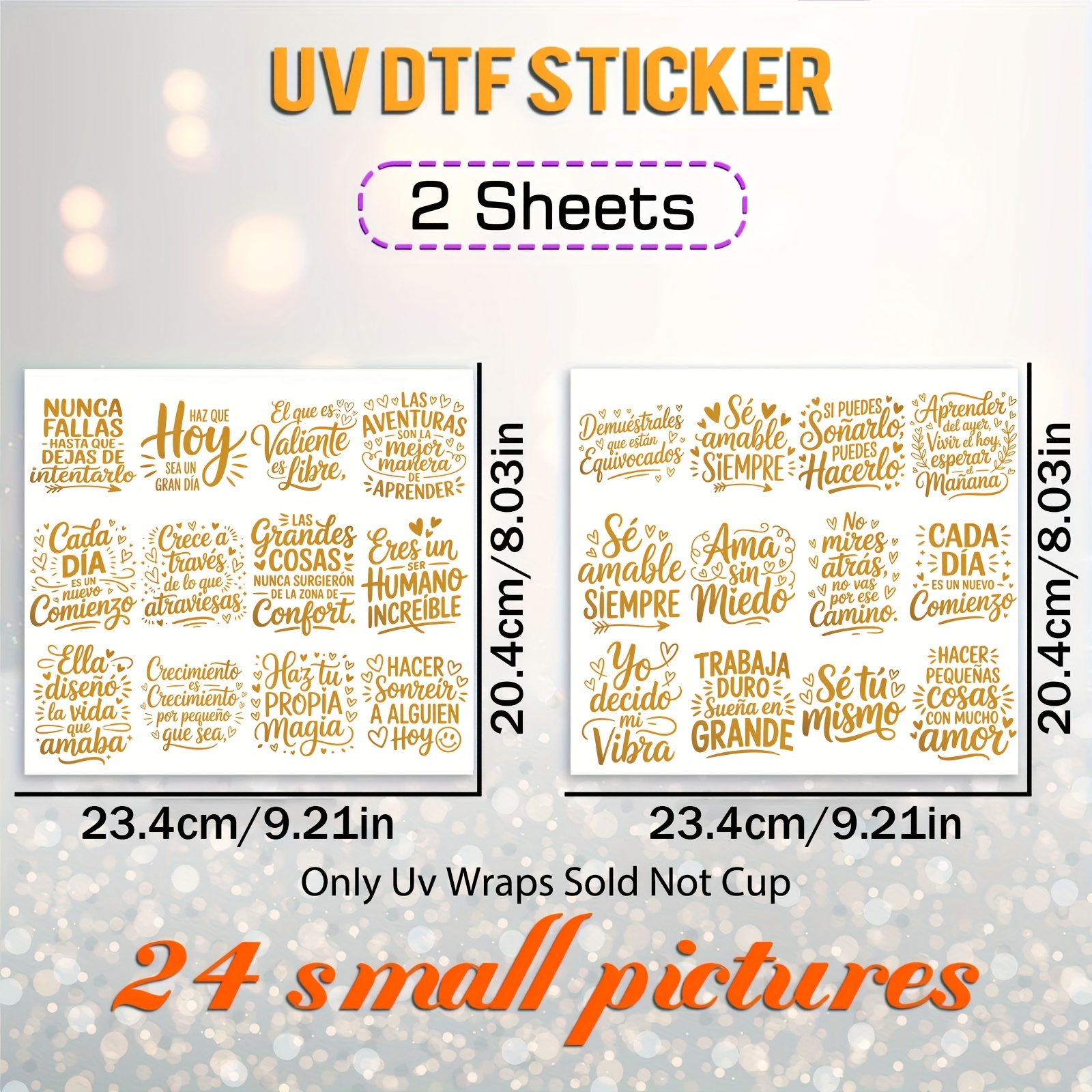 TEMU 24pcs Golden Spanish Inspirational Quote Stickers - Uv-dtf - High-quality Scratch-resistant Vinyl Decals, Spanish Quote Stickers Suitable For