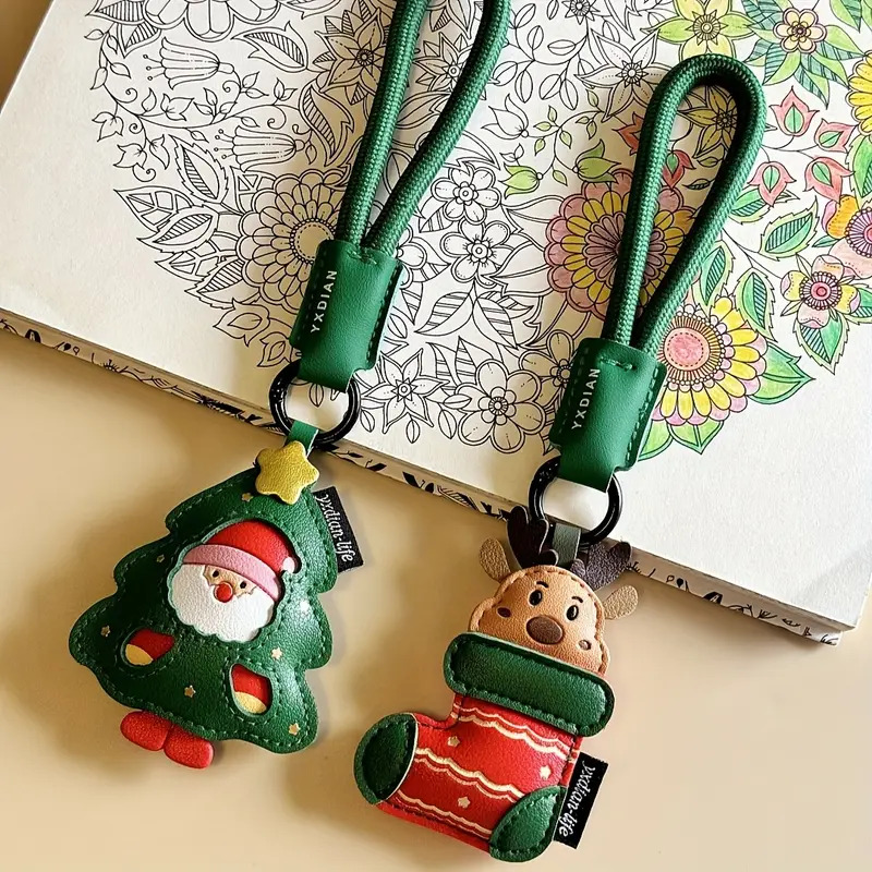 1-2 Elegant Christmas Keychains - Santa or Reindeer Green Strap, PU Material Holiday Ring with Detachable Bag Charm & Unisex Car Fob for Men and Women - Perfect Gift Idea: Xmas Present/Valentine s Day Giveaway