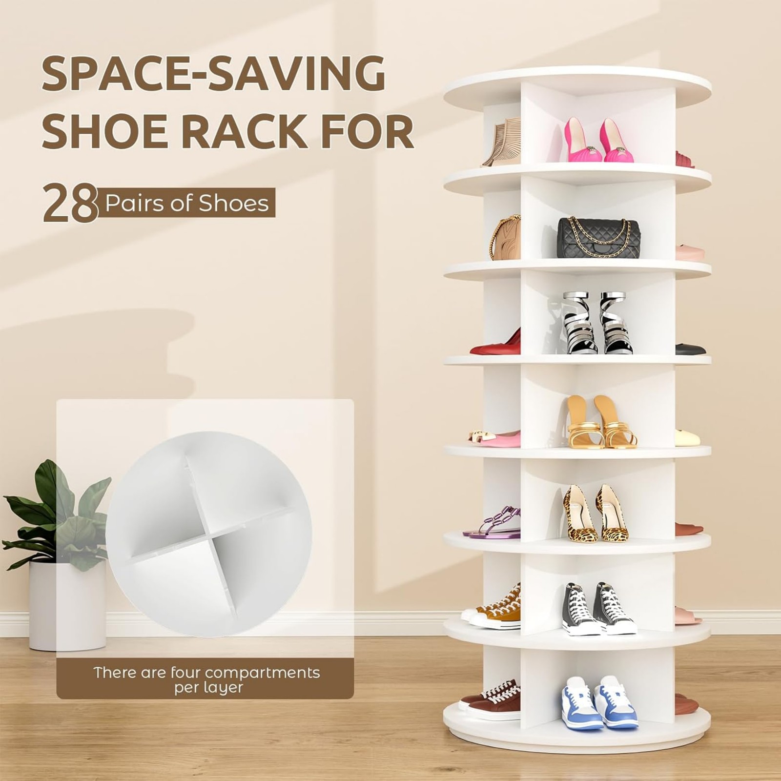TEMU 7 Tier Rotating Shoe Rack Tower | Easily Assembled Lazy Susan Shoe Organizer, 360° Spinning, Circular Storage, White, Plastic Material, Floor