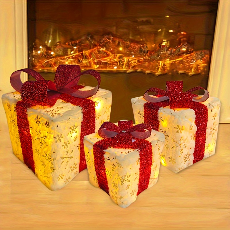 3pcs Plush Christmas Glowing Gift Box, Christmas Red Bow Gift Box, Christmas Party Gift Box with Golden Snowflakes, Suitable for Christmas Tree, Holiday Decoration, Home Decoration, Christmas Celebration Gifts, Collectible Buildings & Accessories, Best for Christmas, Christmas Light Gift Box, Christmas Decoration, Christmas Stuff Cheap, Christmas Village, Christmas Home Decoration