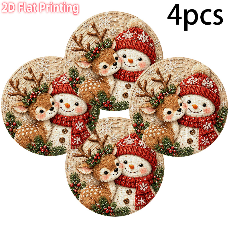 TEMU 4pcs Or 6pcs Winter Deer & Snowman Round Placemats - Suitable For Christmas Table Decorations, Deer & Snowman Print Fabric Table For
