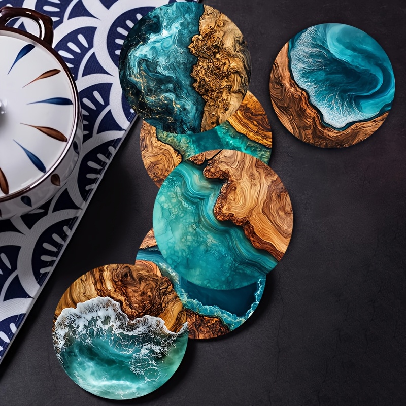 Image of 6pcs Set Of Wood-look Coasters With Ocean And Grain Patterns, Mats, Suitable For Cafes, Offices, Kitchens, Restaurants, Birthday And Christmas Party Gifts, Perfect Housewarming Gift