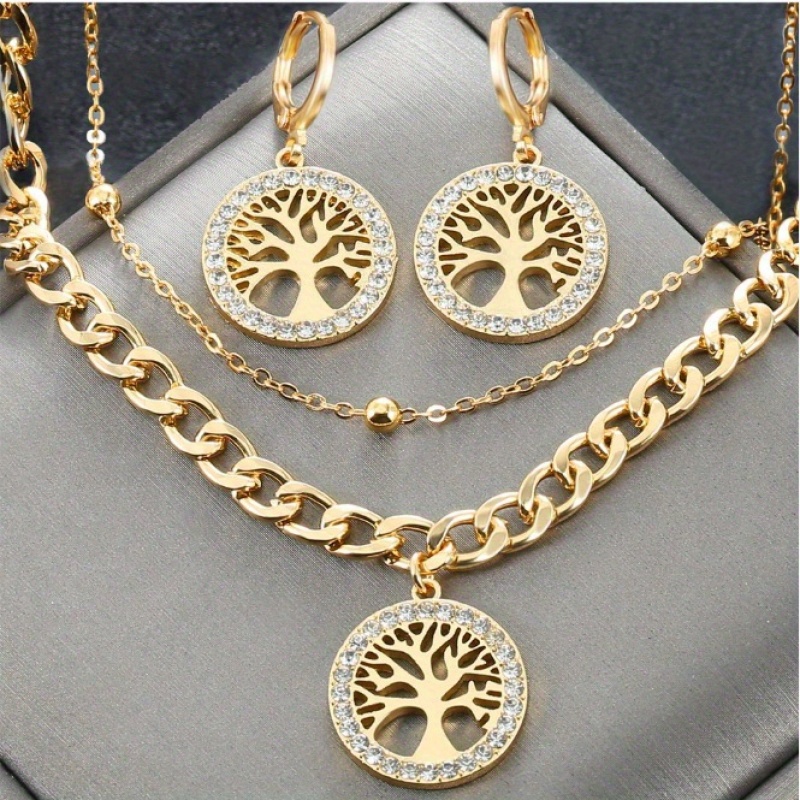 TEMU 1 Set Of Elegant And Luxurious Trendy Double-layer Tassel Life Tree Collarbone Pendant Necklace Earrings Set Zirconia Decoration Women's Jewelry