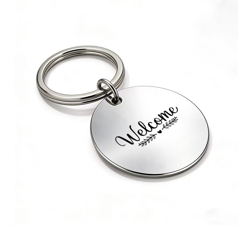 TEMU 1pc Metal Round Laser-engraved "welcome" Keychain With Leaf And , Car And Backpack Accessory, Home And Shop Welcome Gift, Housewarming Present,