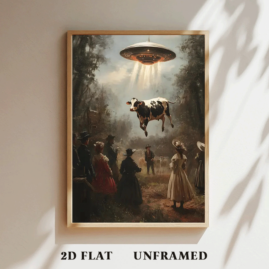 TEMU 2d Flat, 2d Flat, 2d Flat A Retro-style Canvas Print Poster Of A Ufo Abducting A Cow, Featuring Vintage Wall Art Suitable For Gifts And Home Or