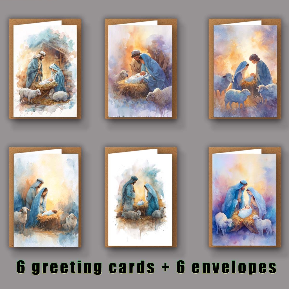 TEMU 6-sheet Watercolor Christmas Greeting Card Set Of ' Birth, Includes 6pcs Cards With 6pcs Envelopes, 6 Styles Of Stable Holy, Holy Family And