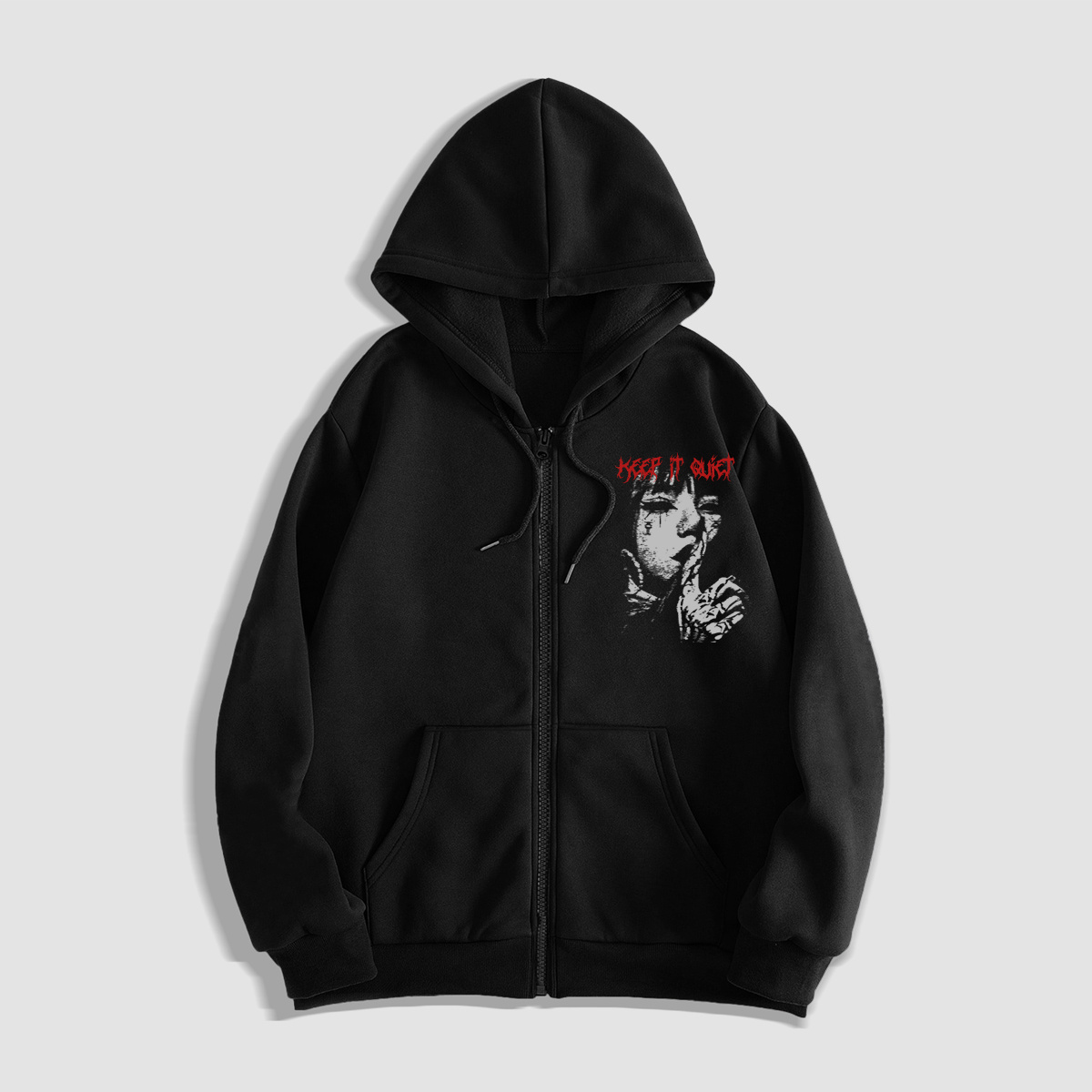 

1pc Men's Casual Hooded Sweatshirt With " Quiet" Print, Polyester Knit Fabric, Geometric Pattern, Zip-up, Stretch, Regular Fit - Fall/winter Collection