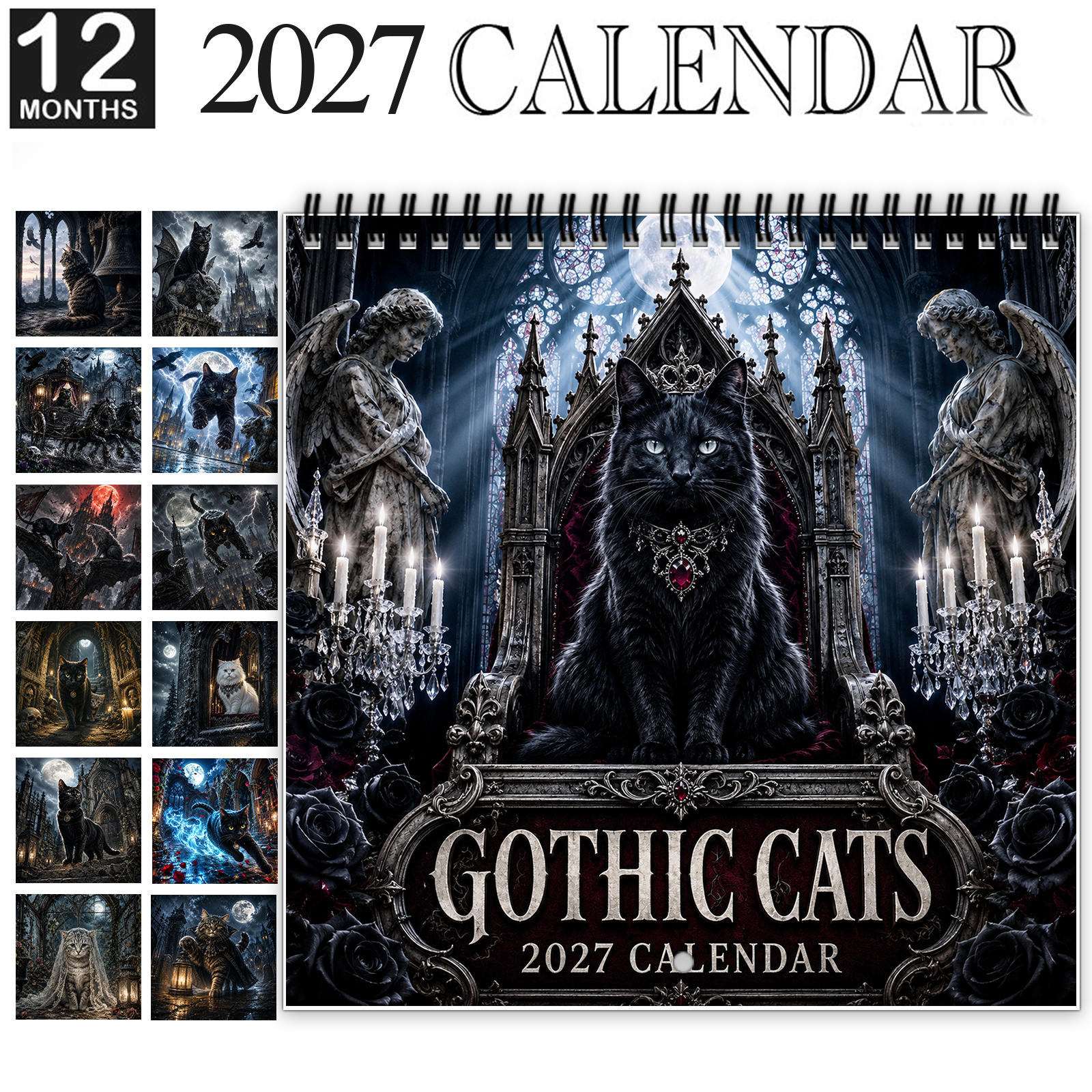 TEMU 1pc 2027 Gothic Cats Wall Calendar, Spiral-bound 12-month Calendar With Large Date Blocks, Features Dark Gothic Art And Feline Scenes, Cool Home
