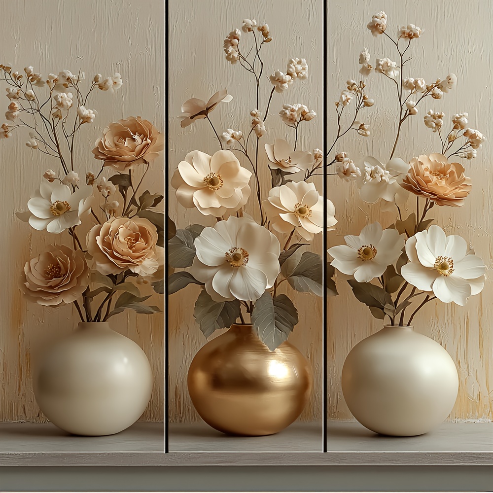 TEMU 3pcs Elegant Floral Vase Wall Decals Beige Golden Round Ceramic Vases With Dried Flowers Minimalist Nordic Style Peel And Stick Stickers For