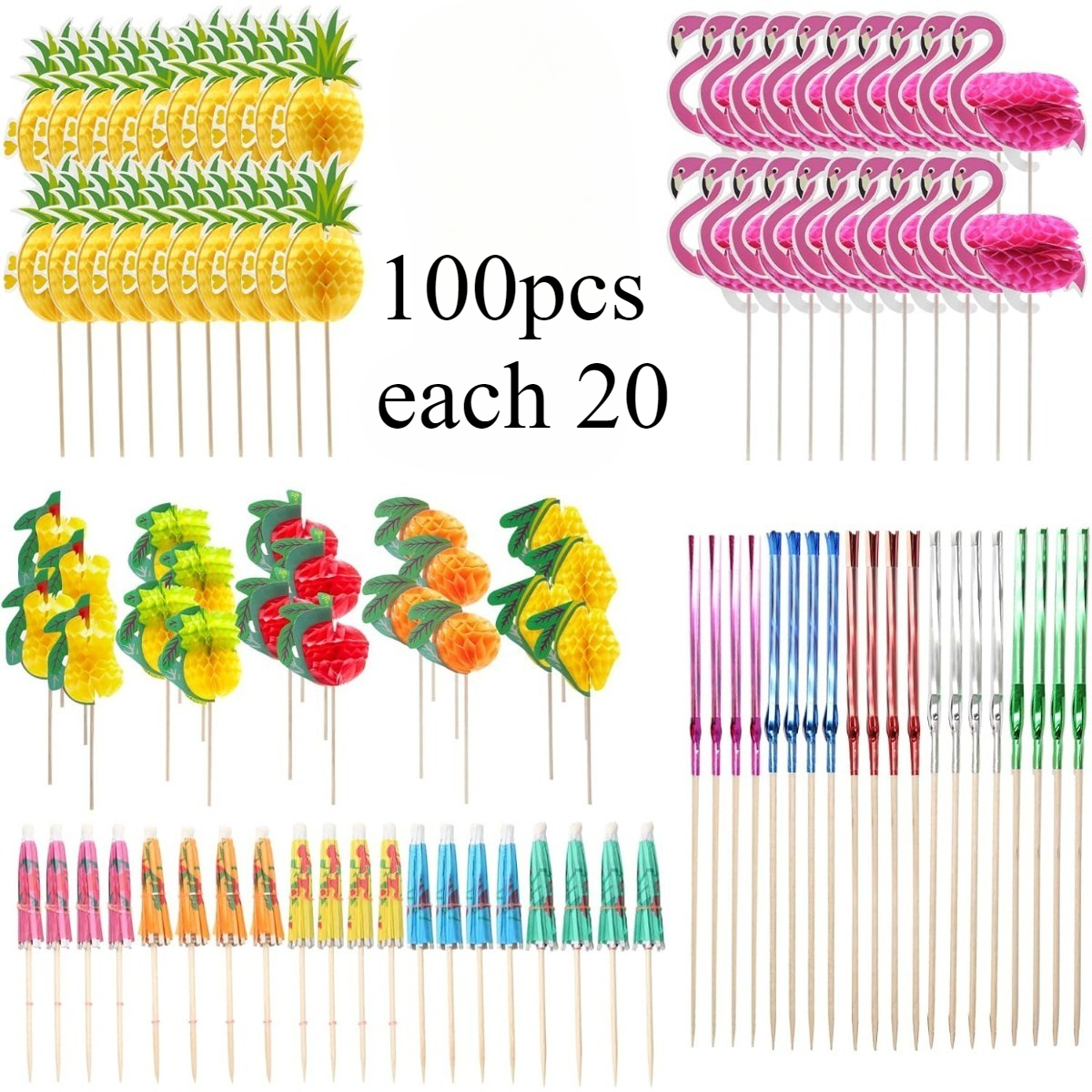 Image of 100pcs Accessories For Drinks, Reusable Decorations With Umbrellas,, Flamingo/pineapple/sparkler Sticks For Beach, Birthday, Music Festival, Summer Party