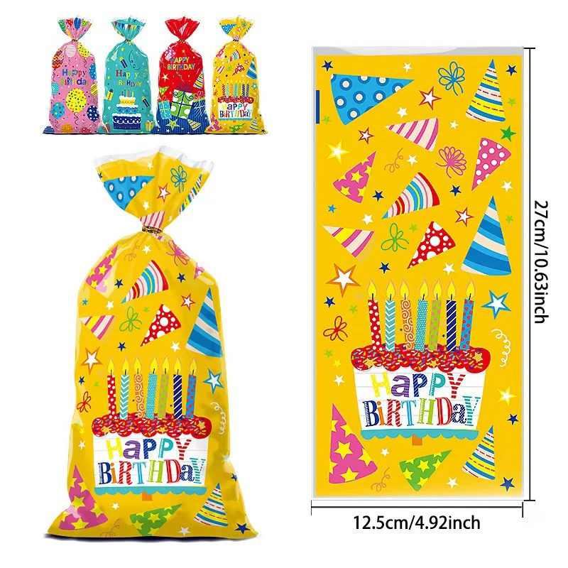 TEMU Lot de 50 sacs en cellophane à fond plat "Joyeux Anniversaire" avec attaches torsadées, sacs d'emballage cadeau d'anniversaire