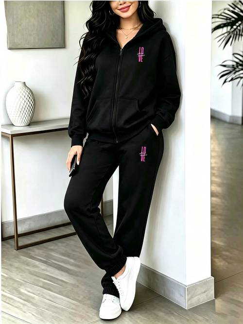 2pcs set vertical text pattern easy loose hooded zipper sweatshirt suit suitable for casual wear