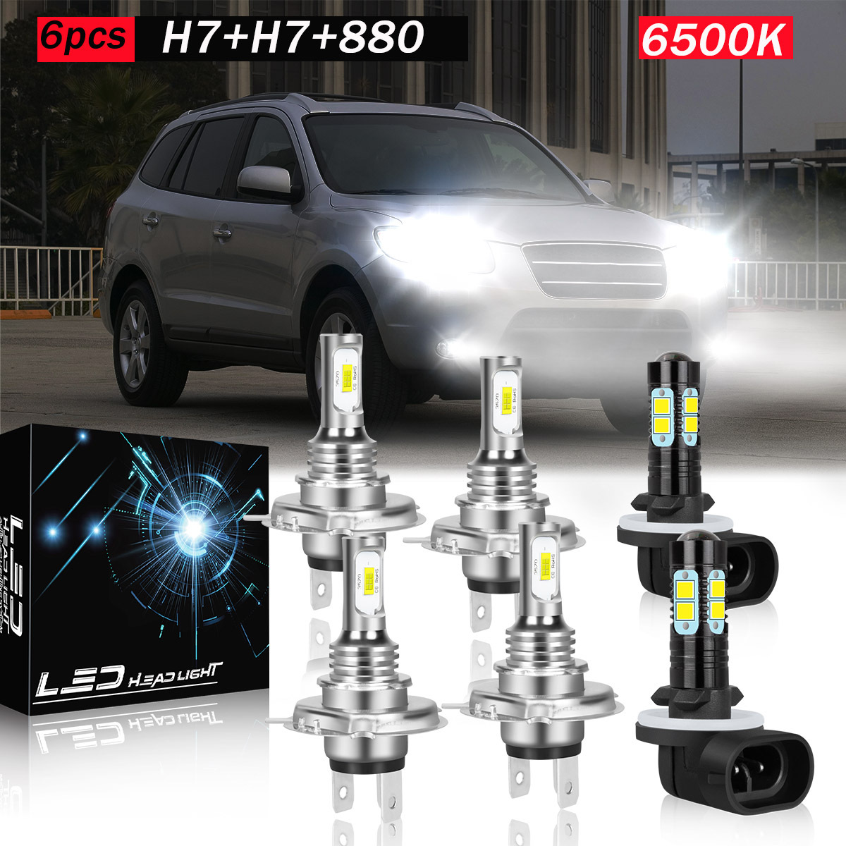 H7 LED Headlight Kit For 2007-2008 Hyundai Santa Fe - 4 Bulbs (High & Low Beam), 6000K White