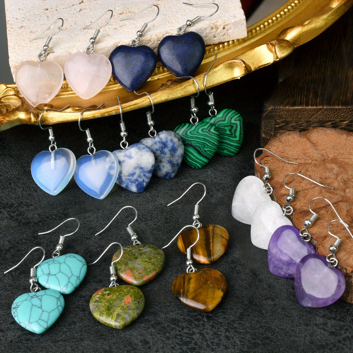 TEMU 10 Pairs Of Natural Stone Heart Shaped Dangle Earrings, Boho Earrings Set, Daily Wear & Gift-