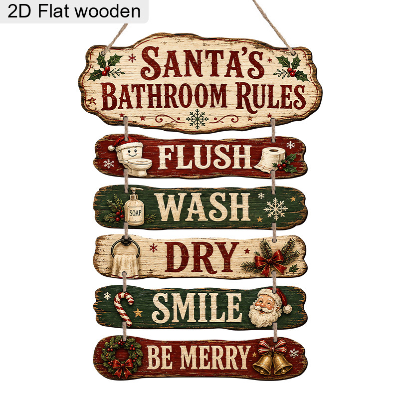 TEMU 2d Flat, 2d Flat Santa Claus Bathroom Rules Wooden Hanging Sign, 6pcs Set, "flush Smile " Slogan Printed Bathroom Wall Decor Plaque, Fun Holiday