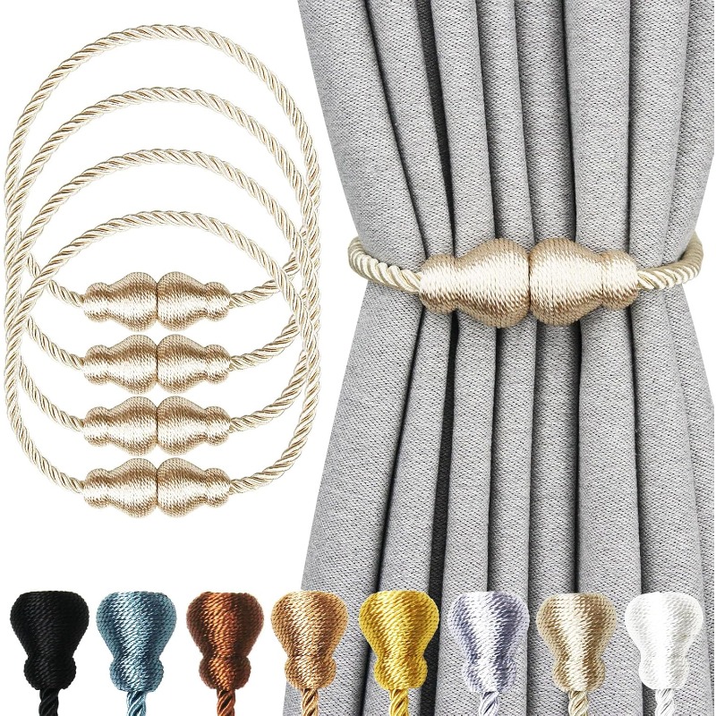 TEMU (Lot de 4) Attaches-rideaux magnétiques d'extérieur en corde, porte-rideaux magnétiques décoratifs , attaches pour traitement de fenêtre et
