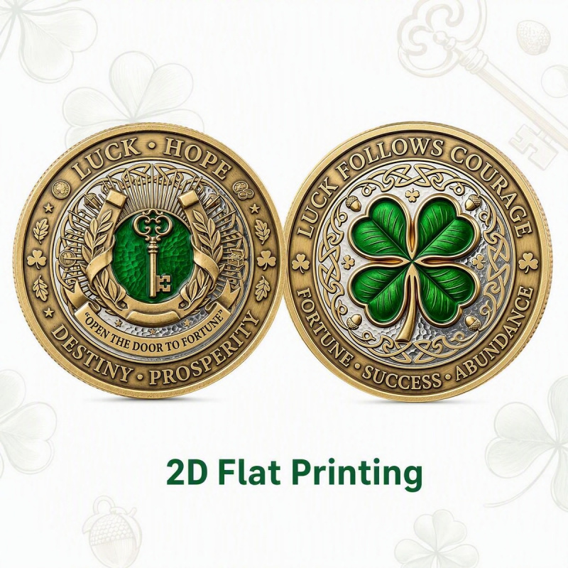 TEMU 2d Flat-printed Commemorative Coin, Clover Horseshoe Challenge Coin, Double-sided Key And Clover Design Good Luck , Halloween And Christmas Gift