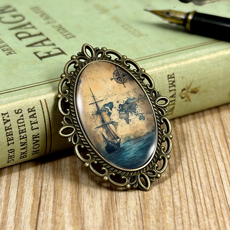 1pc Nostalgic Nautical Compass Brooch Oval Lace- Glass Brooches Clothing Backpack Accessory Ideal Gift